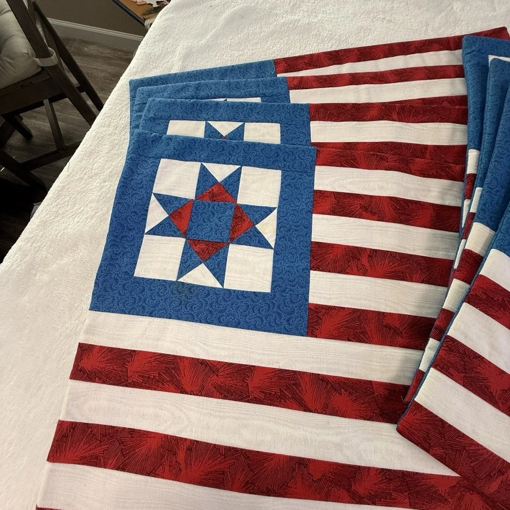 Patriotic American Flag Quilted Placemats Set 8 Napkin Rings Red White Blue